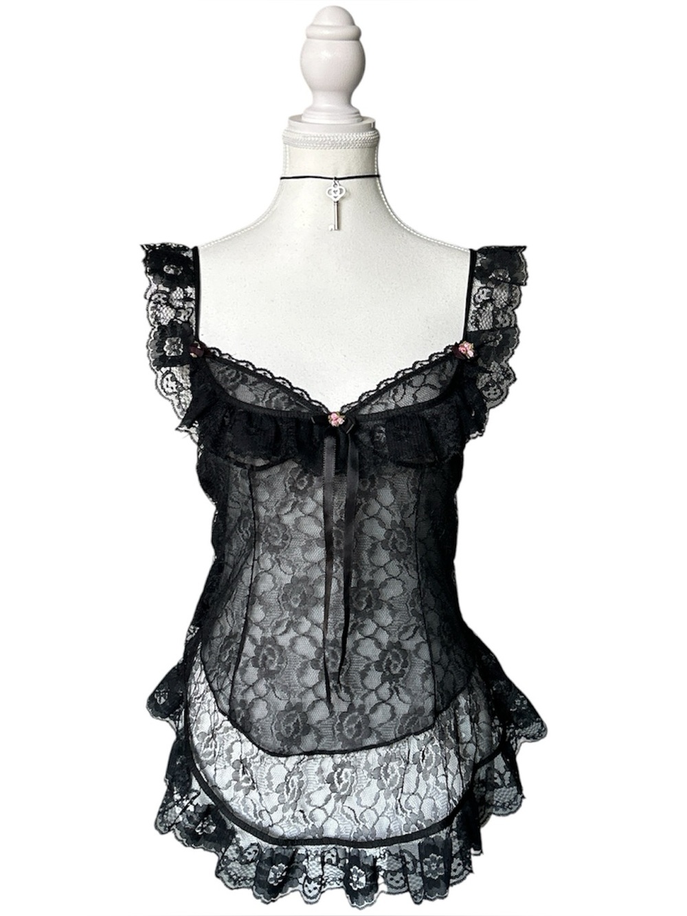 Y2K Coquette “La Loire” Black Ruffle Floral Lace Trim Slip Top